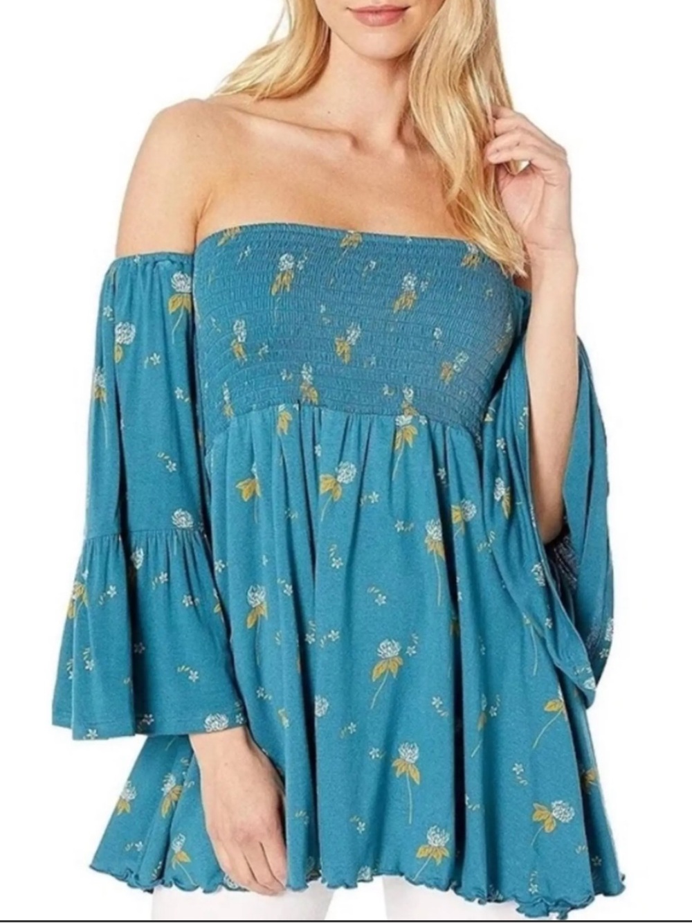 Free People Women Tunic Lana Off Shoulder Teal Floral Smocked Peasant Top XS